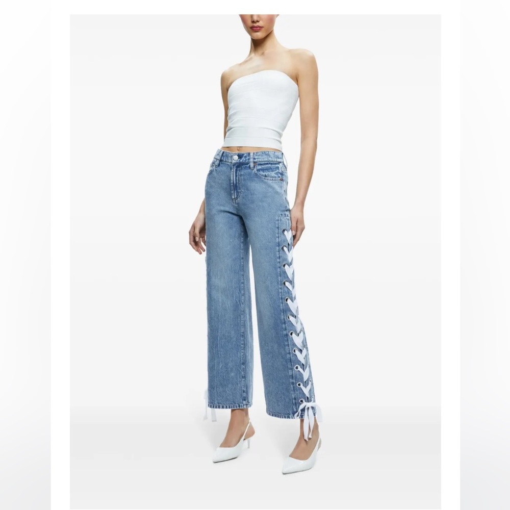 alice + olivia Reita mid-rise jeans side leg white ribbon size 29